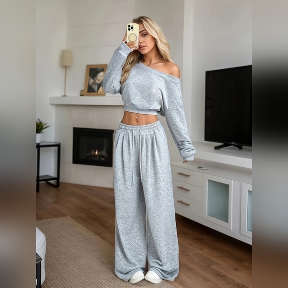 Just Jen Pants - Women's Full Size Boat Neck Crop Top & Wide-Leg Pants Set In Gray Plus Size